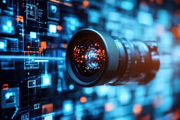 Fototapete - Media icons overlay a camera lens scanning digital data in a modern technology setting, media icons over scope scanning
