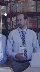 Poster - Animation of data processing on screen over diverse people working in warehouse