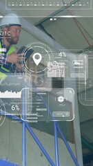Poster - Animation of data processing on screens over caucasian man working in warehouse