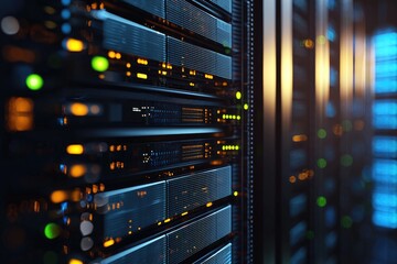 Leinwandbilder - Close up of glowing server rack in high tech data center with colorful LED lights, ideal for technology websites, cybersecurity blogs, and cloud infrastructure presentations
