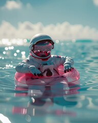 Wall Mural - Astronaut floating on inflatable ring in water. Surreal space concept with playful summer vibe.
