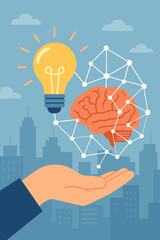 Poster - Hand Holding Light Bulb and Brain with Network Connections Over Cityscape. Concept of Innovation, Creative Ideas, Imagination, Inspiration, Future Technology, Artificial Intelligence, Modern Solutions