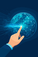 Poster - Hand Touches Digital Global Network, Fastest Data Connection, Internet, AI, Data Transfer, Fast Digital Communication, Information Technology, Global Connectivity, Innovation Concept