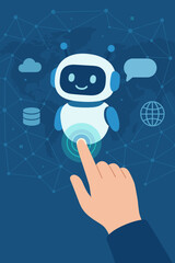Poster - Hand Touching Digital Chatbot Interface for Accessing Information, Data, AI Support, Artificial Intelligence, Online Network, Robot Application, Global Communication, Virtual Assistant Concept