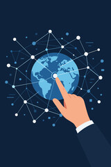 Poster - Hand Touching Global Network Connection, Digital Data Exchange, Internet Communication, Technology Innovation, World Map, Networking Structure, Modern Business, Flat Vector Illustration
