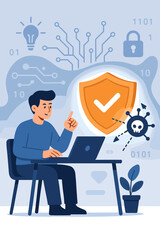 Fototapete - Cybersecurity concept with man at laptop. Digital defense illustration with shield protecting from virus. Internet security, data protection, antivirus software, and malware block.