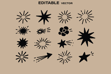Poster - Collection of hand drawn starbursts shooting stars and abstract shapes in a simple black outline style
