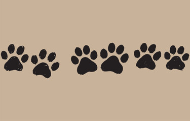 Poster - A simple hand drawn border pattern of black paw prints marching across a muted tan background perfect for pet related designs or backgrounds