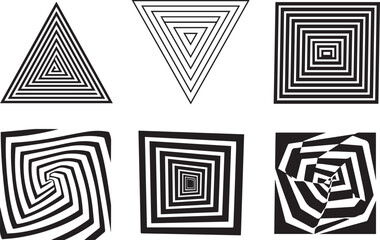 Poster - A collection of six abstract geometric optical illusion patterns featuring concentric triangles and squares in black and white creating a sense of depth and movement on a white background