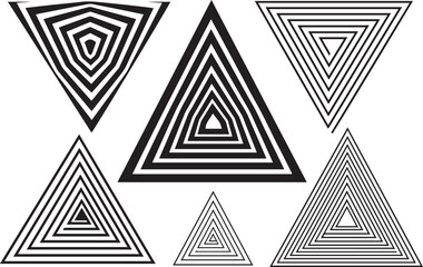 Poster - A collection of six abstract geometric triangles with concentric black and white stripes creating a sense of depth and optical illusion on a white background