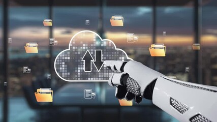 Poster - A robotic hand engages with cloud storage technology in a sleek office setting, symbolizing the integration of digital solutions and innovation in modern workspaces. Auvana