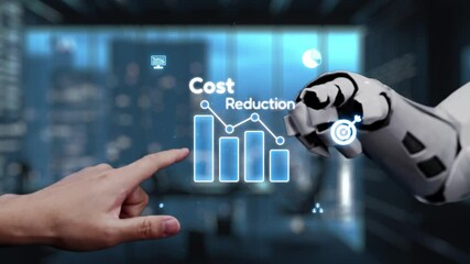 Poster - a futuristic robotic hand and a human hand interact with cost reduction graphics in a modern office 