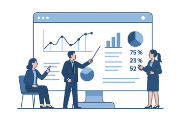 Poster - Business professionals utilize analytics and monitoring tools on a web report dashboard to track key performance indicators through a conceptual and vector-based illustration design suitable for a