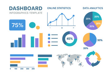 Poster - Template for an infographic dashboard featuring charts, diagrams, online statistics, and data analytics, along with a mockup information panel and UI, UX, and KIT design elements, all presented in