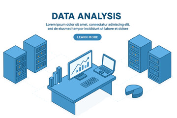 Poster - An isometric vector illustration of data analysis is presented, featuring an abstract 3D datacenter or data center room background, along with a network mainframe infrastructure and a website header