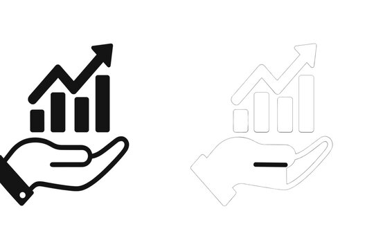 A vector icon of a growing graph is held in the hand, available in a two-tone version set against black and white backgrounds