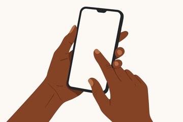 Poster - Hands of a black woman holding a smartphone with a blank screen for mockup. African American person using a mobile phone, finger touching the display. Modern flat vector illustration.
