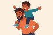 © Michael - Smiling Indian father carrying his son on shoulders. Happy family, parent and child bonding. Fatherhood, parenthood and Father's Day concept. Modern flat vector cartoon illustration.