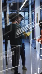 Poster - Animation of graphs, loading circles and changing numbers, diverse coworkers discussing in corridor