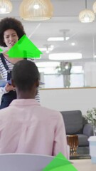 Poster - Animation of green arrows processing over diverse business people in office