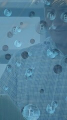 Poster - Animation of data processing and bitcoin symbols over caucasian man