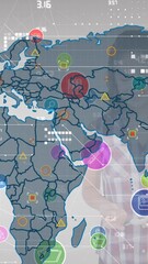 Poster - Animation of network of digital icons over world map against caucasian girl using smartphone