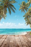 Wooden deck with tropical palm trees overlooking turquoise ocean and blue sky on sunny summer beach day