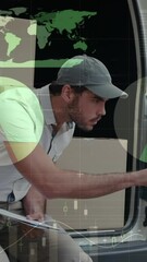 Poster - Animation of statistics and financial data processing over delivery man and van