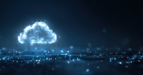 Poster - A cloud technology background with glowing digital elements, a blue color theme, a white cloud icon in the center of the composition, a dark blue background, a futuristic style Generative AI