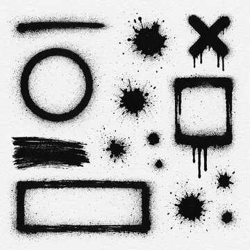 Urban Art: A collection of meticulously rendered, black spray paint design elements on a subtly textured surface. These include a spray painted circle, line, and splatters 