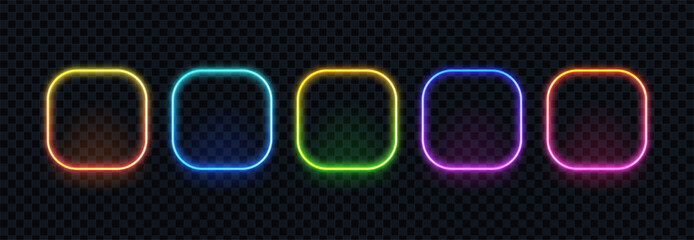Fototapete - Five neon frames with rounded corners set. Colorful glowing square light boxes. Modern abstract border for design and decoration.