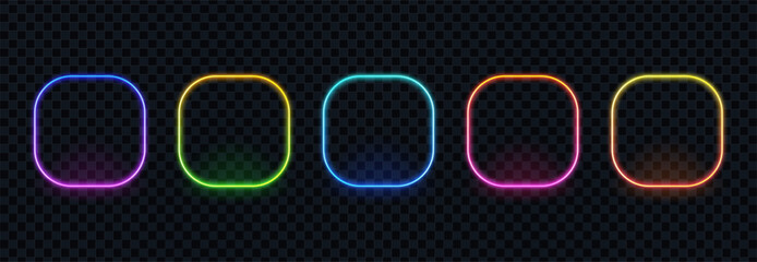 Poster - Five colorful neon rectangular frames with rounded corners, glowing vibrant light borders for a modern design concept.
