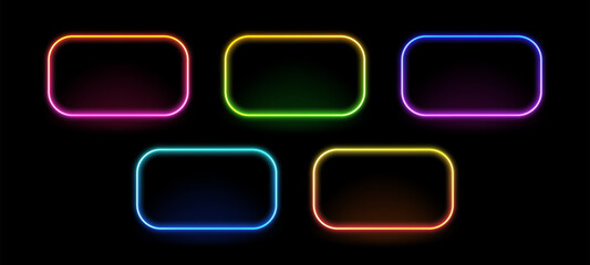 Aufkleber - Set of five colorful neon frame vector signs with glowing light on a black background, rounded border rectangle banner.