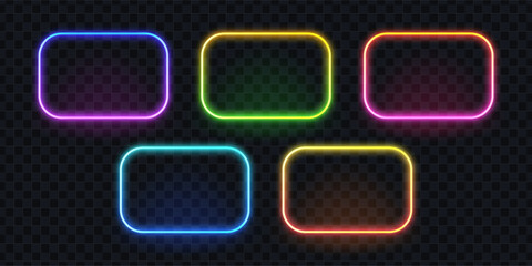 Aufkleber - Set of five glowing neon rectangle frames with rounded corners. Colorful light effects for futuristic sign design.