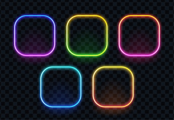 Poster - Five colorful glowing rounded rectangle neon frames vector set. Modern abstract light border. Design elements for display, banner, or party.