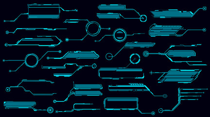 Aufkleber - HUD futuristic display and screen, info boxes, ui interface. Vector neon glowing borders graphic design elements. Information panels, callout titles, tech digital bars for game menu, user app set