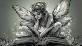 A pensive fairy sits engrossed in a large book.
