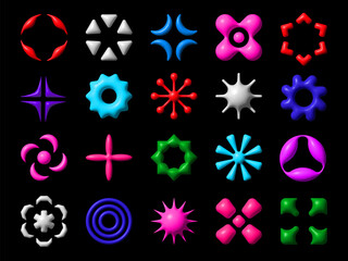 Poster - 3d y2k brutalism shapes and abstract geometric figures vector icons set. Y2k fluid color star, spark, sun and flower shapes, arrow, molecule and circle futuristic graphic elements with glossy effect