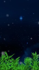 Wall Mural - animation of snow falling with fir tree frame and copy space over stars and night sky