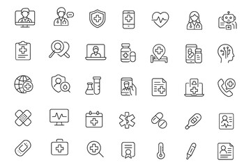 Digital health care icon set in thin line style, vector illustration of medical, treatment, consultation, online checkup, virtual clinic, doctor, pharmacy, patient, technology, diagnosis, software.