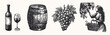 © Oleksandr Yashchuk - traditional winemaking elements set isolated hand drawn sketch line art element with wine bottle filled glass wooden barrel bunch of grapes woman harvesting grapes into basket from vine vineyard