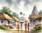 A spiritual journey in the monsoon season: pilgrims in traditional attire walk under umbrellas to a Hindu temple in an Indian village
