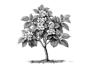 catalpa tree engraving, vintage botanical illustration, hand-drawn leaves, spring woodland art, eco-