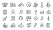 © aura studio - Music School Editable Line Icon Set, Instruments, Students, Sheet Music, Scores, Music Education, Classroom, Band Performance, Choir Practice, Audio Gear, Music Theory, Vector Illustration.
