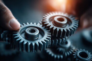 Poster - Detailed view of a hand carefully aligning two metal gears for optimal operation.