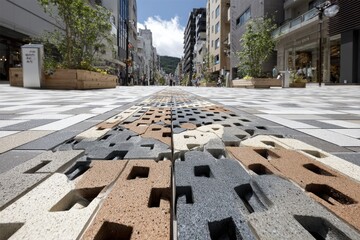 Poster - Modern urban street with innovative textured paving design leading into the cityscape.