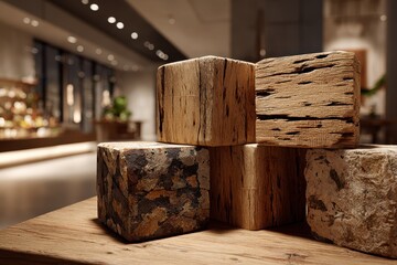 Poster - Rustic weathered wood and stone blocks on a table in a modern interior.