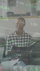 Poster - Animation of trading board over diverse colleagues discussing report in meeting at office