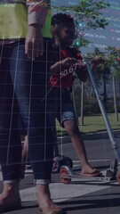 Poster - Animation of financial data processing over diverse schoolboys crossing road on scooters