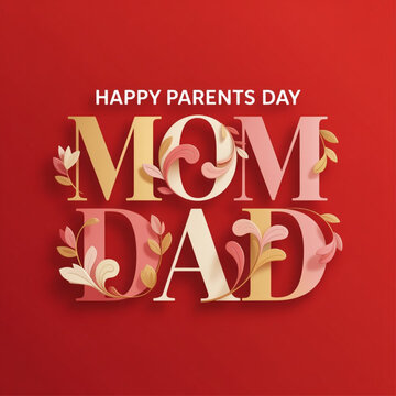 Happy Parents Day typography, vector design, red background, celebration, bold text, love, family, elegant, festive, modern, greeting, stylish font, decorative, flat design, vector format.
